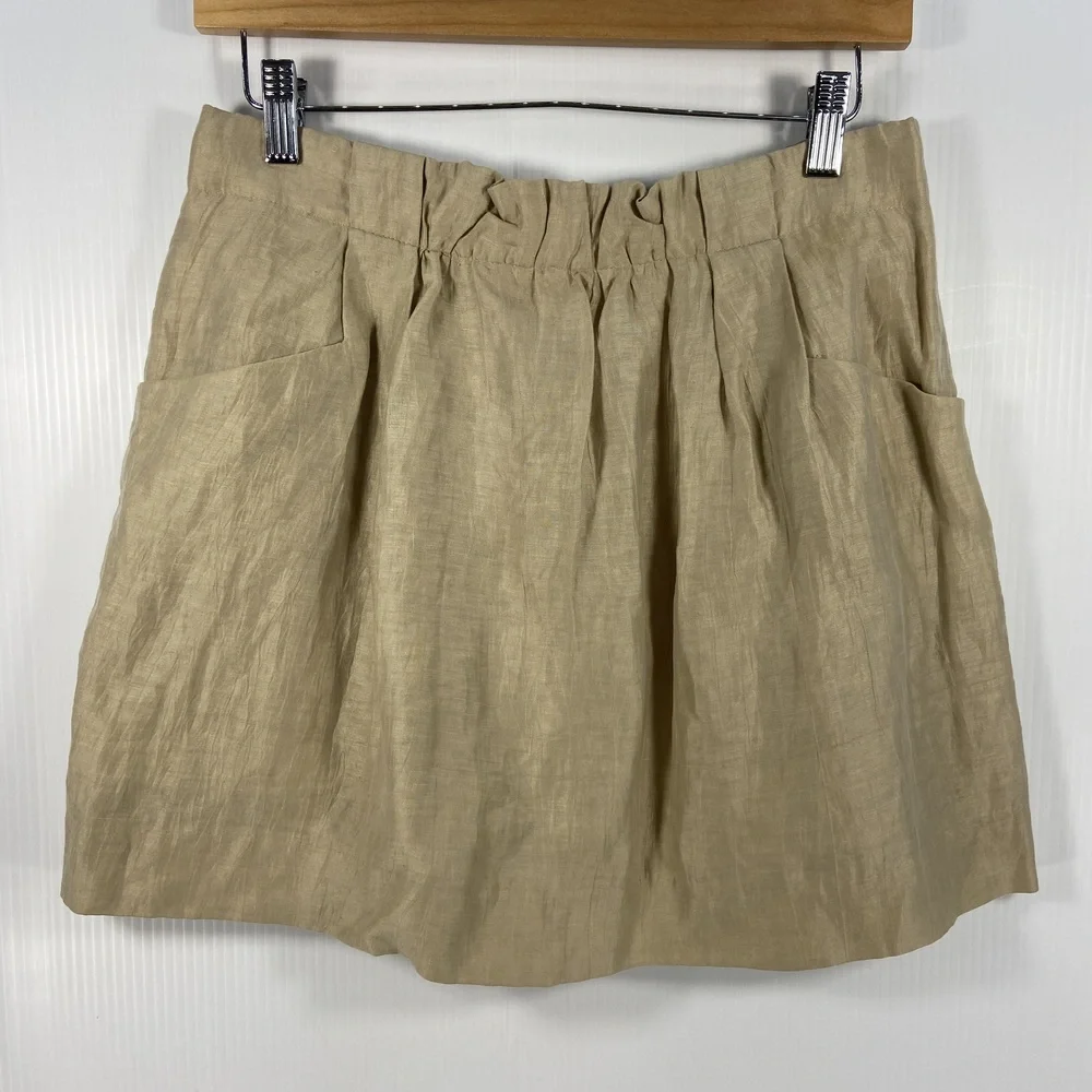 J Crew Charter Mini‎ Skirt Linen Blend Khaki Tan Shimmer Pockets Womens Size 4